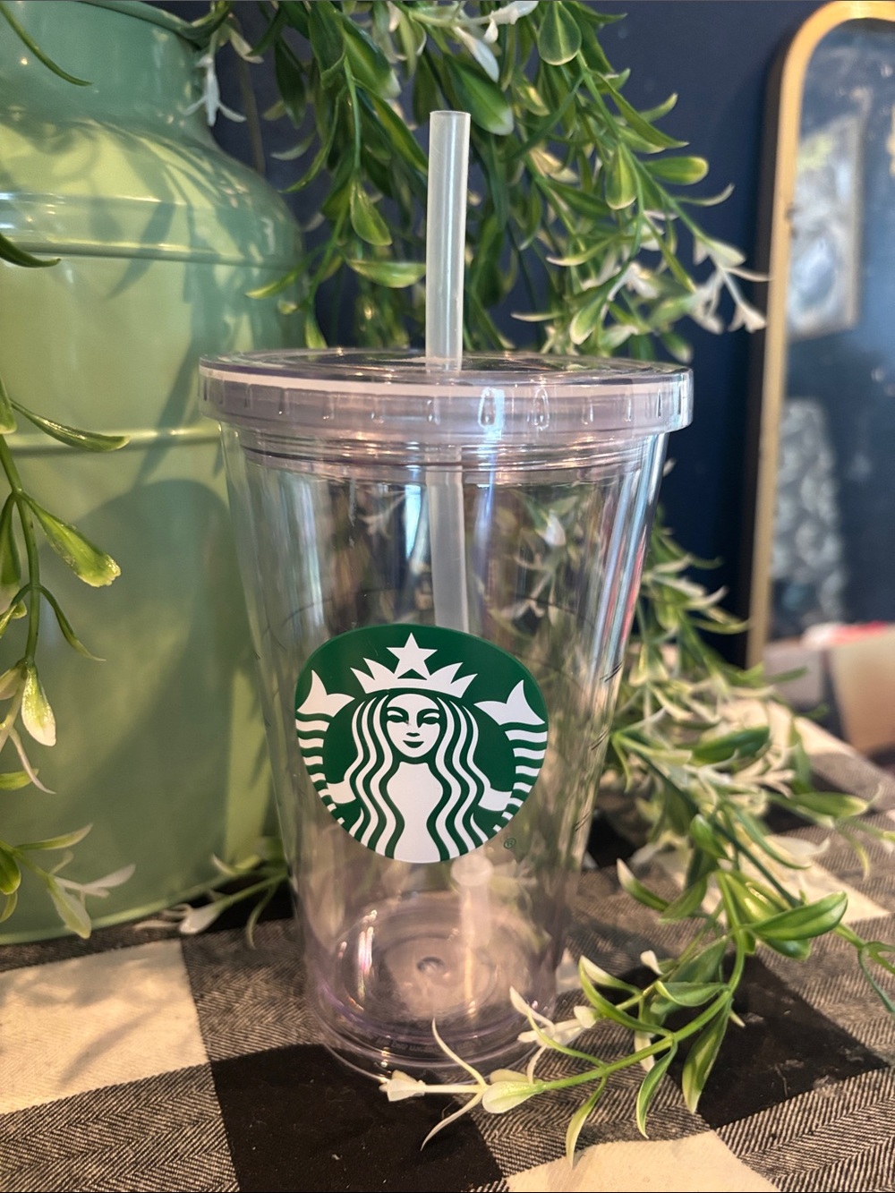 Starbucks Clear Tumbler with Green Logo and Clear Straw
